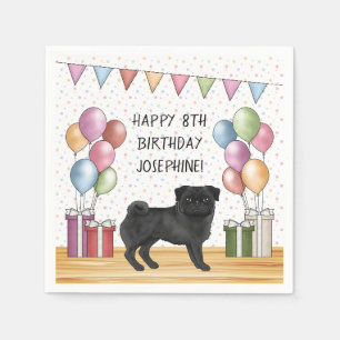 Serviette En Papier Tricolore de chien Carlin noir Joyeux Anniversaire