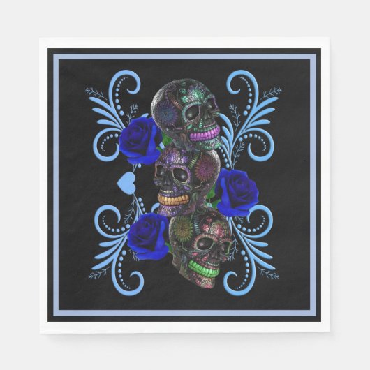 Serviette En Papier Triple Jour Noir Des Crânes Morts Roses Bleus (Devant)