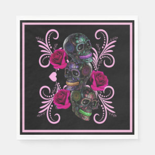 Serviette En Papier Triple Jour Noir Des Crânes Morts Roses Rose