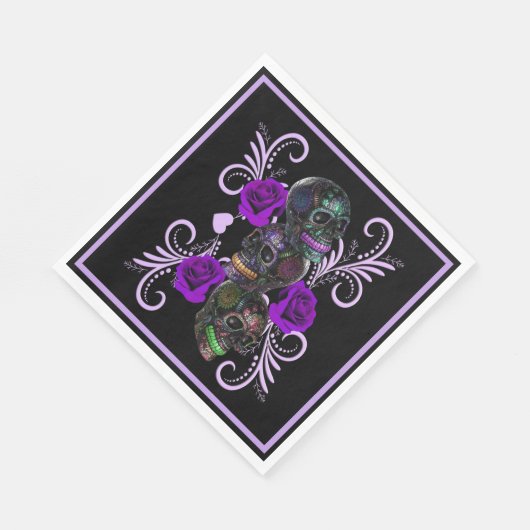 Serviette En Papier Triple Jour Noir Des Crânes Morts Roses Violets (Coin)