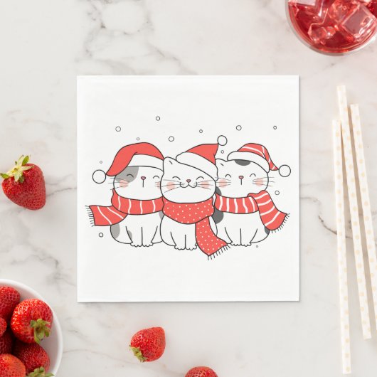 Serviette En Papier Trois chats de Noël en Casquette et Écharpes (En situation)