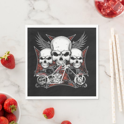 Serviette En Papier Trois crânes avec motocyclette à hélico rouge (En situation)