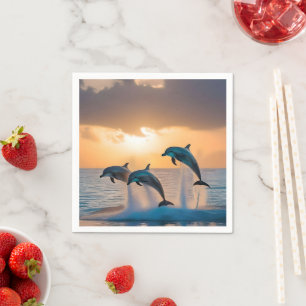 Serviette En Papier Trois Dauphins Tournant Au Coucher Du Soleil,