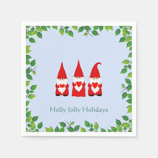 Serviette En Papier Trois Gnomes de Noël et cadre feuille sur bleu cla (Devant)