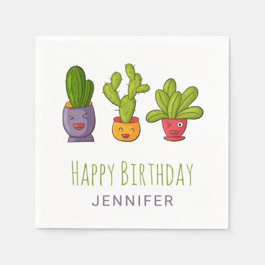 Serviette En Papier Trois mignons cactus dans des pots de fleurs Illus (Devant)