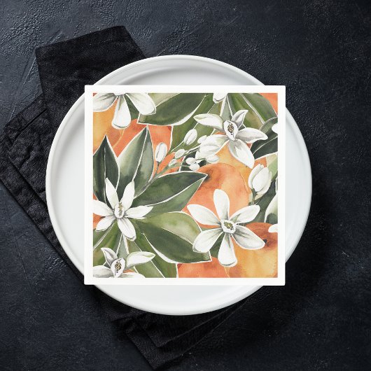 Serviette En Papier Tropcal Orange & Flowers Watercolor Pattern