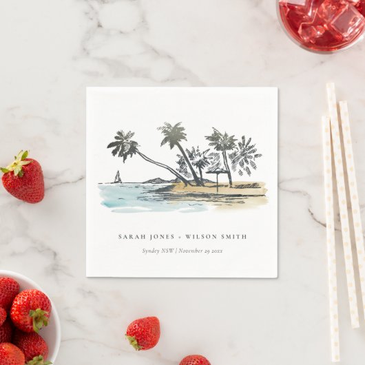 Serviette En Papier Tropical Beach Palm Tree Sketch Mariage d'aquarell (En situation)