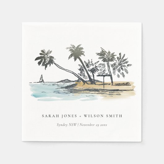 Serviette En Papier Tropical Beach Palm Tree Sketch Mariage d'aquarell (Devant)