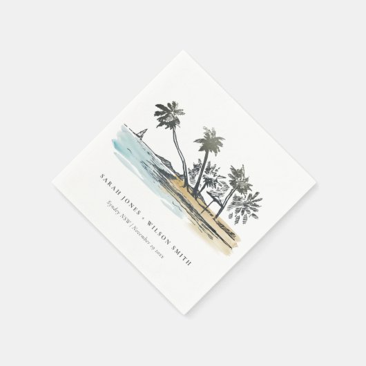 Serviette En Papier Tropical Beach Palm Tree Sketch Mariage d'aquarell (Coin)