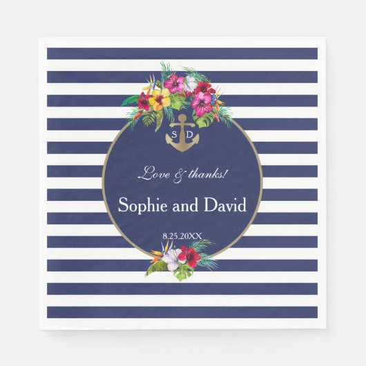 Serviette En Papier Tropical Floral Luau Marine Blue Stripes Mariage (Devant)