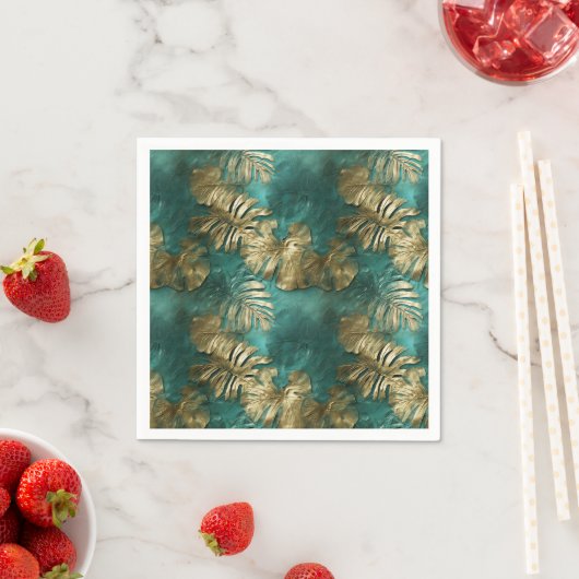 Serviette En Papier Tropical Gold Emerald Feuilles verts (En situation)