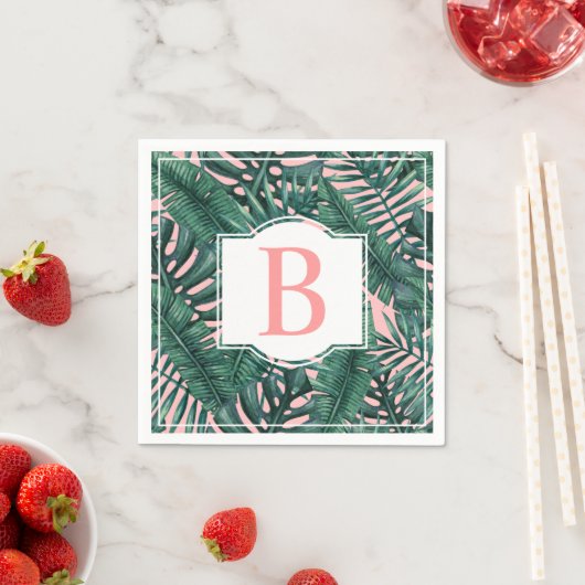 Serviette En Papier Tropical Green Palm Feuille Coral Monogramme (En situation)