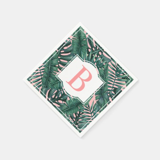 Serviette En Papier Tropical Green Palm Feuille Coral Monogramme (Coin)
