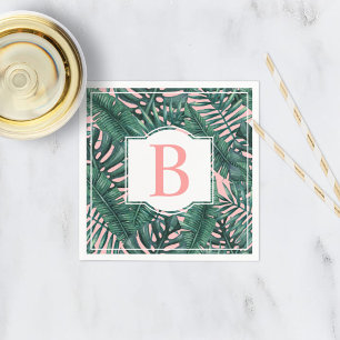 Serviette En Papier Tropical Green Palm Feuille Coral Monogramme
