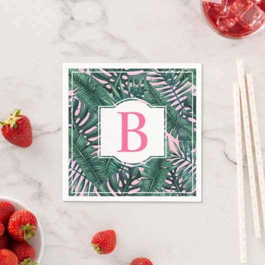 Serviette En Papier Tropical Green Palm Feuille rose Monogramme (En situation)