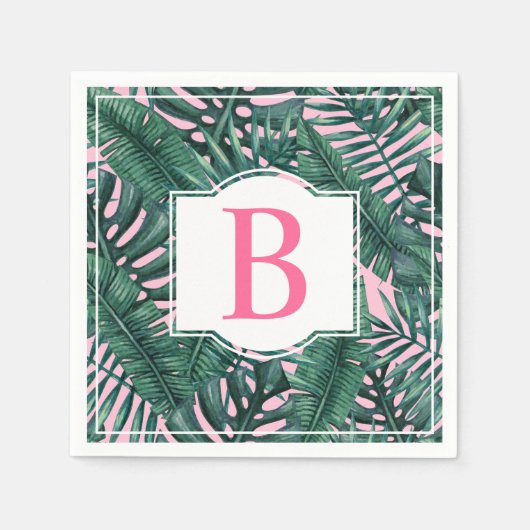 Serviette En Papier Tropical Green Palm Feuille rose Monogramme (Devant)