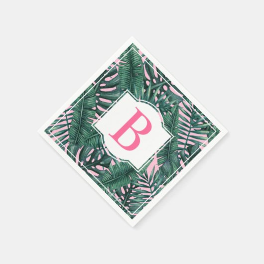 Serviette En Papier Tropical Green Palm Feuille rose Monogramme (Coin)