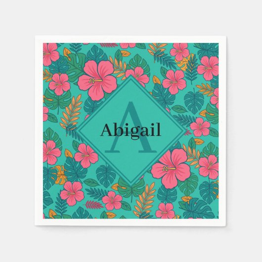 Serviette En Papier Tropical Hibiscus and Palm Leaf Pattern (Devant)