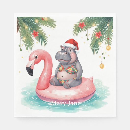 Serviette En Papier Tropical Hippo Christmas Pool Party   (Devant)