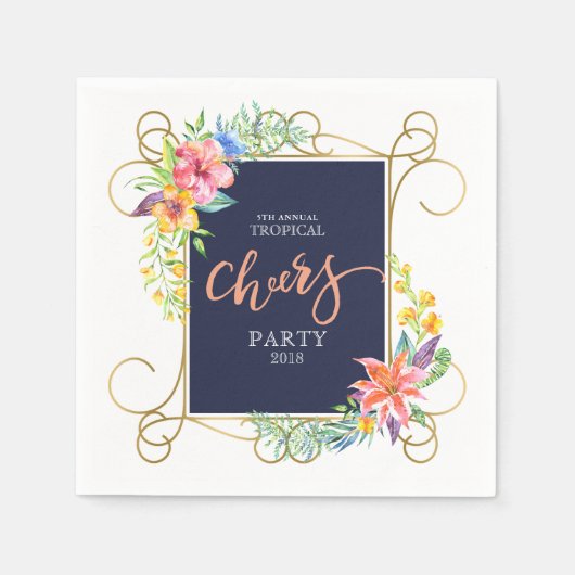 Serviette En Papier Tropical Holiday Cheers Fleurs & Gold Frame (Devant)