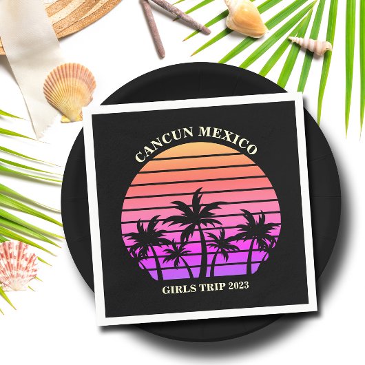 Serviette En Papier Tropical Island Beach Palm Tree Pink Black Party