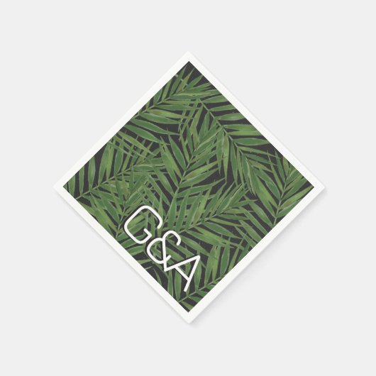 Serviette En Papier Tropical Palm Night Sky Moderne Initiales Mariage (Coin)