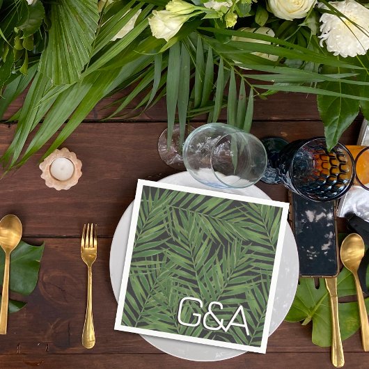 Serviette En Papier Tropical Palm Night Sky Moderne Initiales Mariage