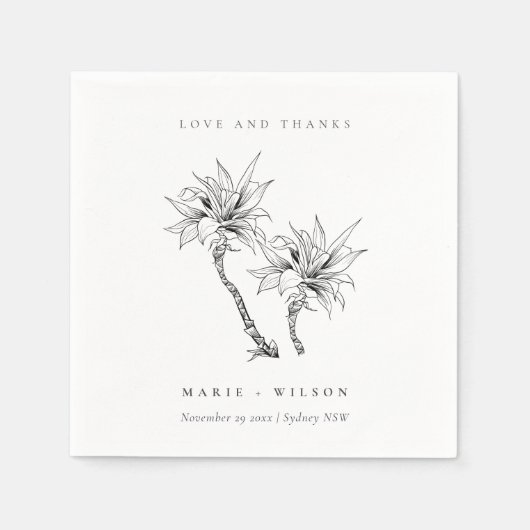 Serviette En Papier Tropical Rustic Palms noir blanc Mariage croquis (Devant)
