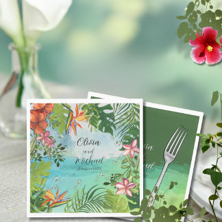 Serviette En Papier Tropical Wedding  Watercolor Hibiscus Palm Green