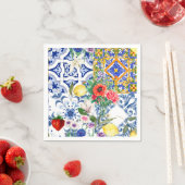 Serviette En Papier tuiles méditerranéennes, citron, fleurs, majolica, (En situation)