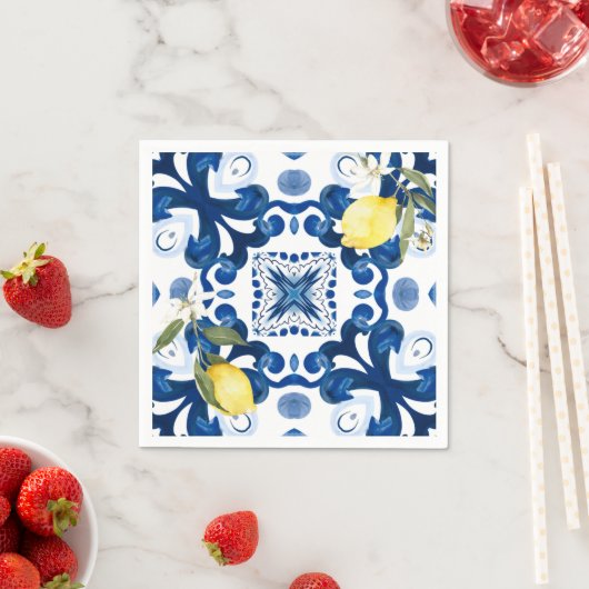 Serviette En Papier tuiles siciliennes, majolica, citron, (En situation)
