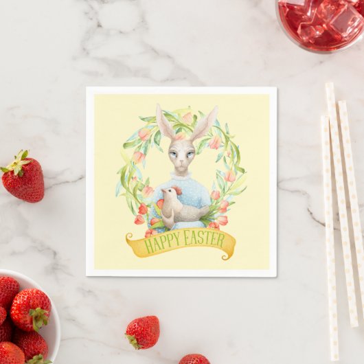 Serviette En Papier Tulip Wreath et Rabbit Joyeux Pâques (En situation)