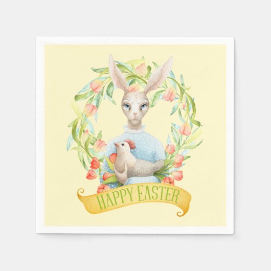 Serviette En Papier Tulip Wreath et Rabbit Joyeux Pâques (Devant)