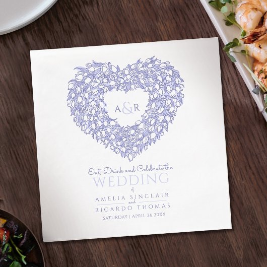 Serviette En Papier Tulip wreath ink dessin monogramme bleu mariage