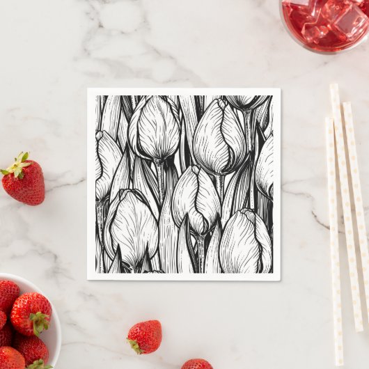 Serviette En Papier Tulipes en noir et blanc (En situation)