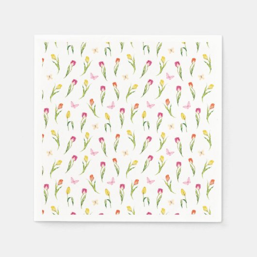 Serviette En Papier Tulipes & Papillons Motif Blanc Mariage (Devant)