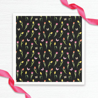 Serviette En Papier Tulipes & Papillons Motif Noir Enterrement de Vie
