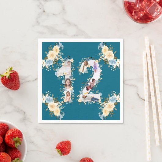 Serviette En Papier Turquoise 12e anniversaire Photo Collage Fleur Jau (En situation)