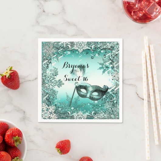 Serviette En Papier Turquoise Aqua Green Winter Masquerade & Snowflake (En situation)