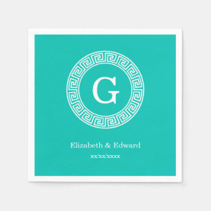 Serviette En Papier Turquoise Blanc Clé grecque Cadre Ronde Monogramme