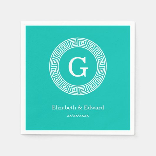 Serviette En Papier Turquoise Blanc Clé grecque Cadre Ronde Monogramme (Devant)