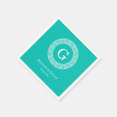 Serviette En Papier Turquoise Blanc Clé grecque Cadre Ronde Monogramme (Coin)