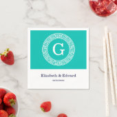 Serviette En Papier Turquoise Blanc Clé grecque Cadre Ronde Monogramme (En situation)