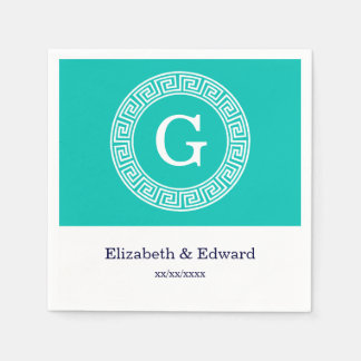 Serviette En Papier Turquoise Blanc Clé grecque Cadre Ronde Monogramme