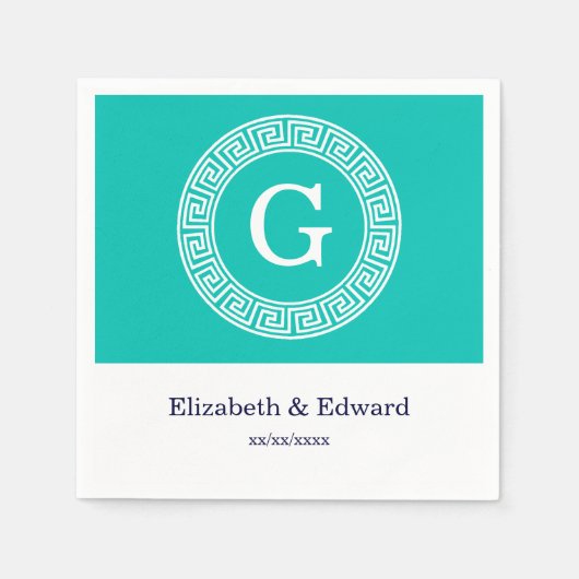 Serviette En Papier Turquoise Blanc Clé grecque Cadre Ronde Monogramme (Devant)