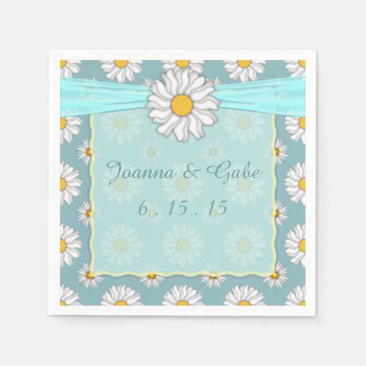 Serviette En Papier Turquoise Blanc Jaune Fleur Mariage (Devant)
