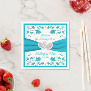 Serviette En Papier Turquoise, Blanc, Silver Love Hearts Mariage