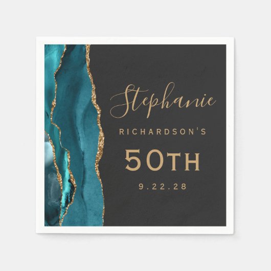 Serviette En Papier Turquoise Bleu Agate Gold Script foncé 50e anniver (Devant)