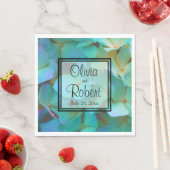 Serviette En Papier Turquoise bleu jaune rose hydrangée fleurs (En situation)