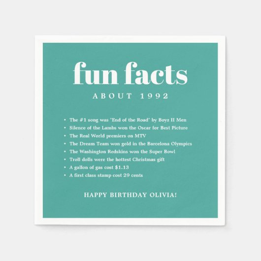 Serviette En Papier Turquoise Bleu Moderne Minimal Fun Faits Anniversa (Devant)